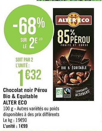 chocolat noir pérou bio & équitable alter eco