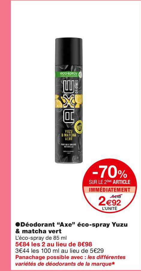 déodorant "axe" éco-spray yuzu & matcha vert