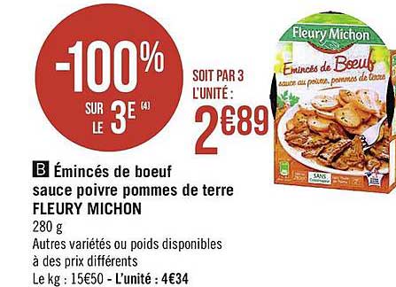 émincés De Bœuf Sauce Poivre Pommes De Terre Fleury Michon -100% Sur Le 3è