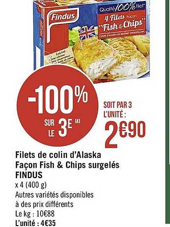 filets de colin d'alaska façon fish & chips surgelés findus -100% sur le 3è