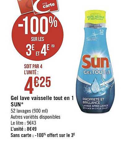 gel lave vaisselle tout en 1 sun