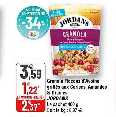 granola flocons d'avoine grillés au cerises, amandes & graines jordans