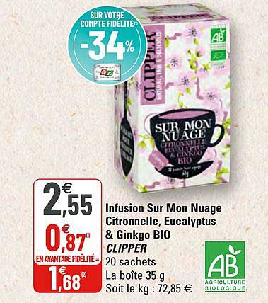 infusion sur mon nuage citronnelle, eucalyptus & grikgo bio clipper