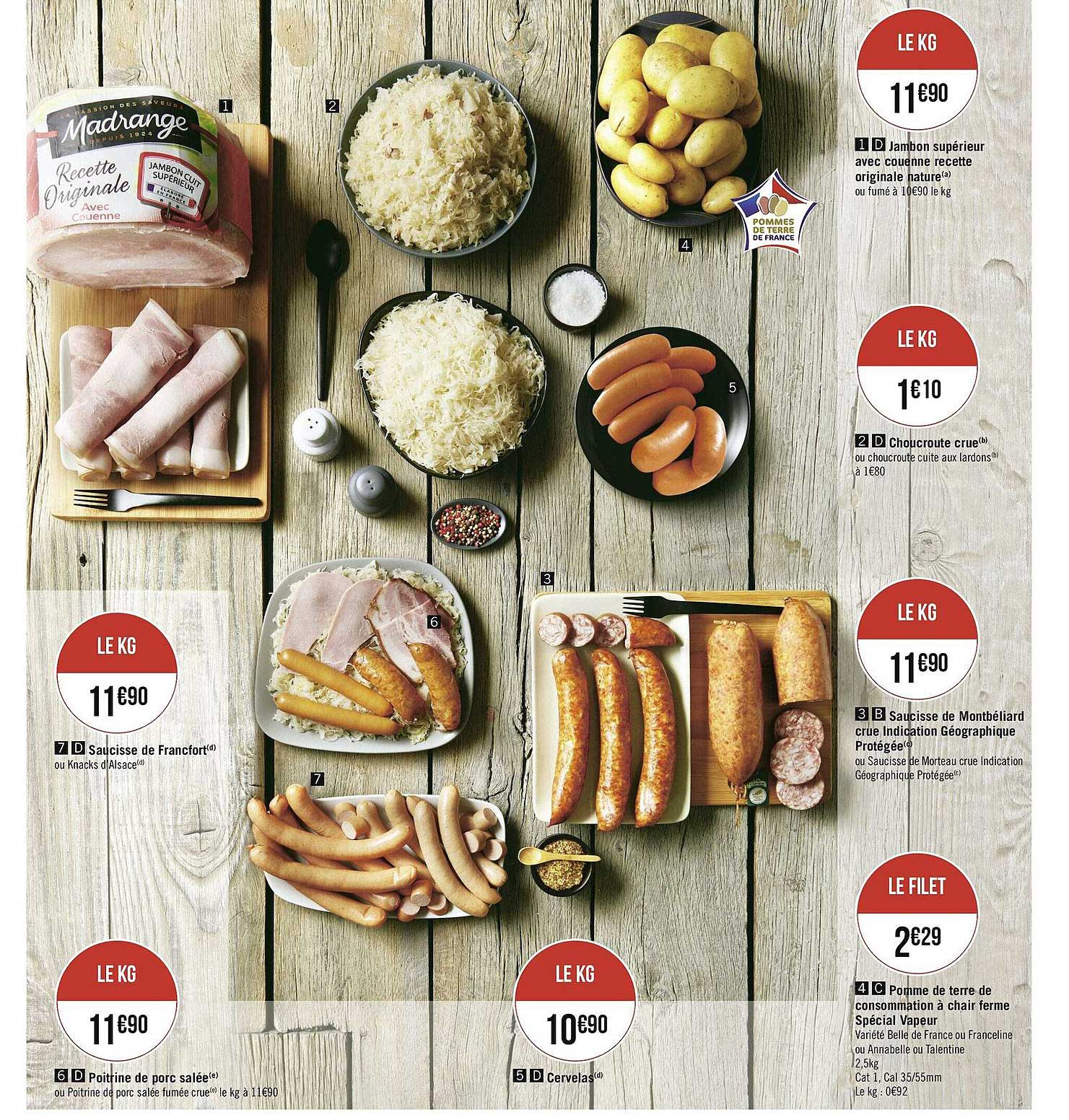 jambon supérieur avec couenne, choucroute crue, saucisse de montbéliard, pomme de terre de consommation, saucisse de francfort, poitrine de porc salée, cervelas