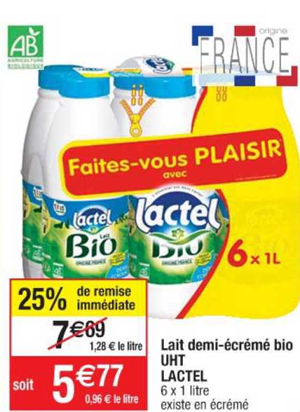 lait demi-écrémé bio uht lactel