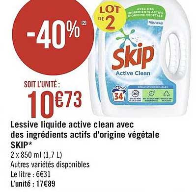 lessive liquide active clean avec des ingrédients actifs d'origine végétale skip