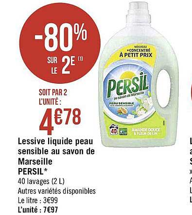 lessive liquide peau sensible au savon de marseille persil -80% sur le 2è