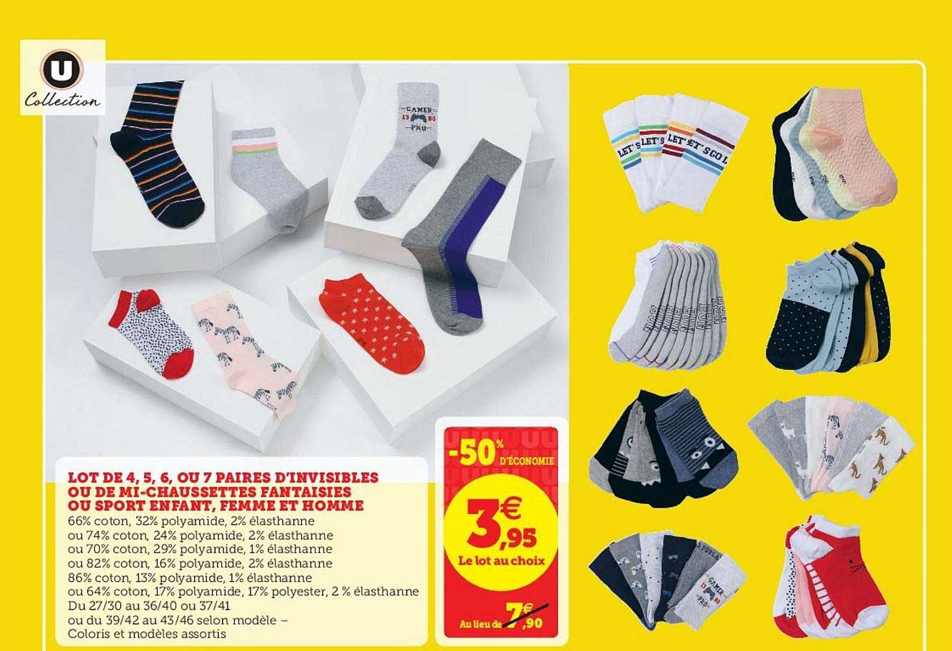 lot de 4, 5, 6 ou 7 paires d'invisibles ou de mi-chaussettes fantaisie ou sport enfant, femme et homme u collection