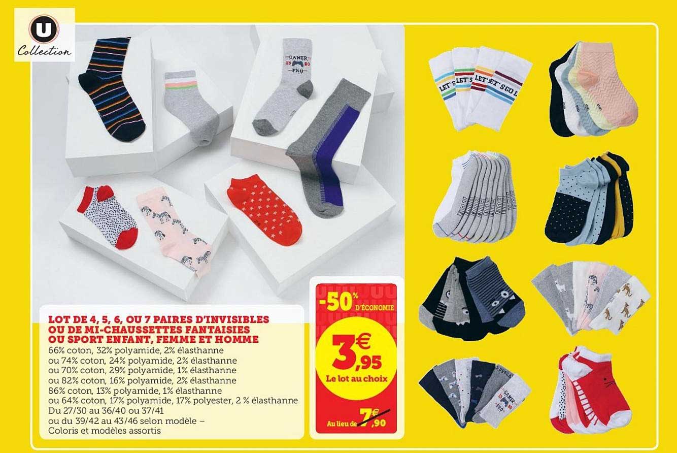 lot de 4, 5, 6 ou 7 paires d'invisibles ou de mi-chaussettes fantaisies ou sport enfant, femme et homme u collection