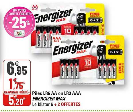 piles lr6 aa ou lr3 aaa energizer max