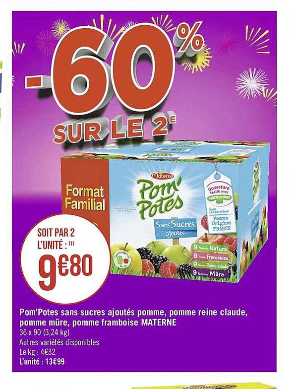 pom'potes sans sucres ajoutés pomme, pomme reine claude, pomme mûre, pomme framboise materne