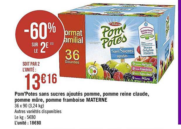pom'potes sans sucres ajoutés pomme pomme reine claude pomme mûre pomme framboise materne -60% sur le 2è