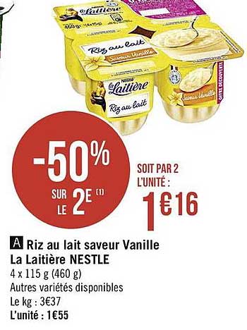 Riz Au Lait Saveur Vanille La Laitière Nestlé -50% Sur Le 2è