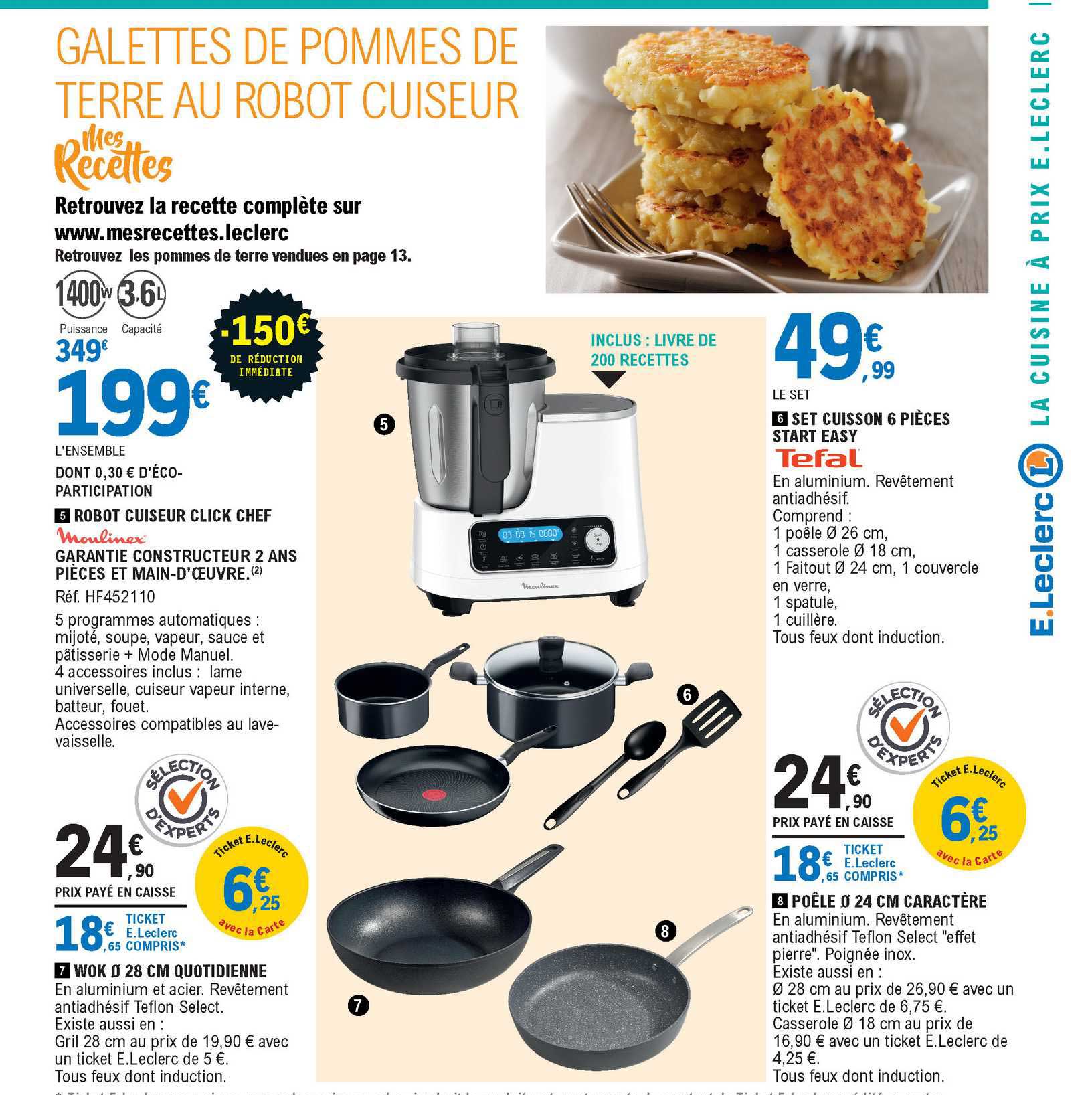 robot cuiseur click chef moulinex, wok 28 cm quotidienne, set cuisson 6 pièces start easy, poêle 24 cm caractère