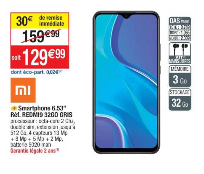 smartphone 6.53" xiaomi redmi9 32go gris