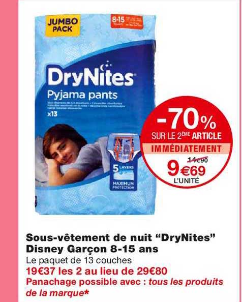 sous-vêtement de nuit "drynites" disney garçon 8-15 ans