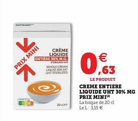 crème entière liquide uht 30% mg prix mini