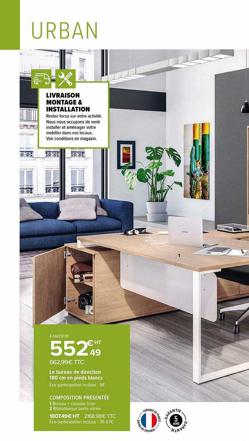 le bureau de direction 180 cm et pieds blancs