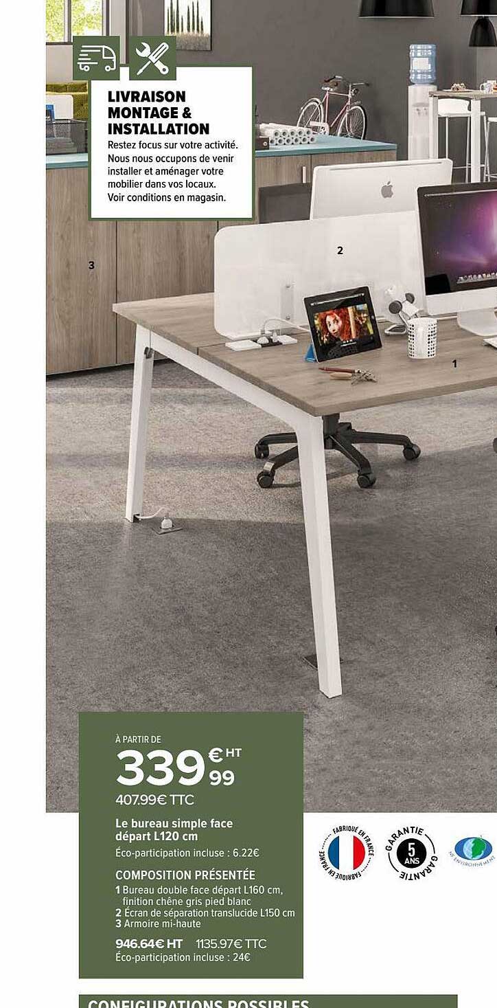 le bureau simple face départ l. 120 cm