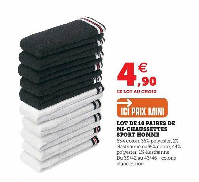 lot de 10 paires de mi-chaussettes sport homme