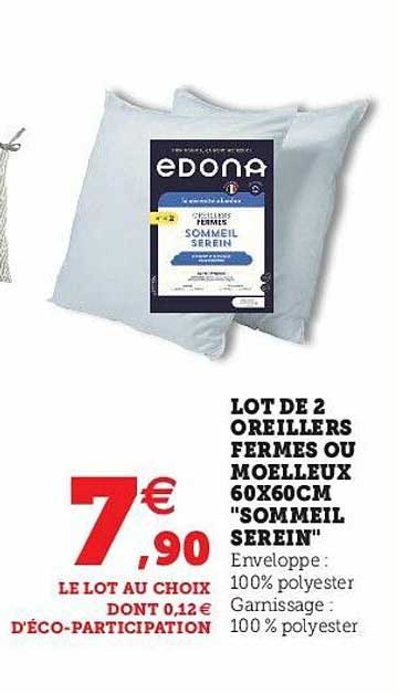 lot de 2 oreillers fermes ou moelleux 60 x 60 cm "sommeil serein"