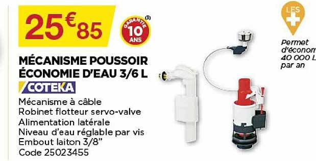 mécanisme poussoir économie d'eau 3-6l coteka