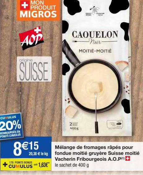 mélange de fromages râpés pour fondue moitié gruyère suisse moitié vacherin fribourgeois a.o.p.
