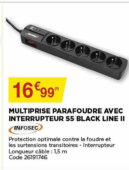 multiprise parafoudre avec interrupteur s5 black line II infosec