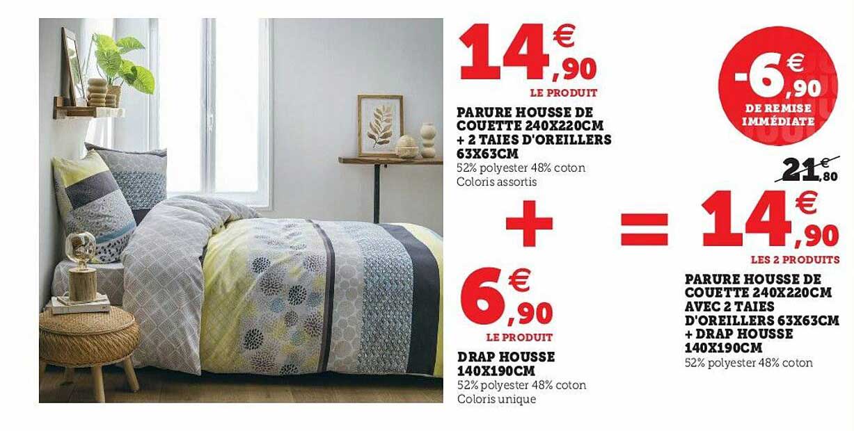 parure housse de couette 240 x 220 cm + 2 taies d'oreillers 63 x 63 cm + drap housse 140 x 190 cm