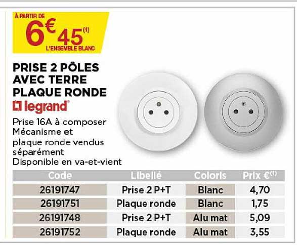 prise 2 pôles avec terre plaque ronde legrand