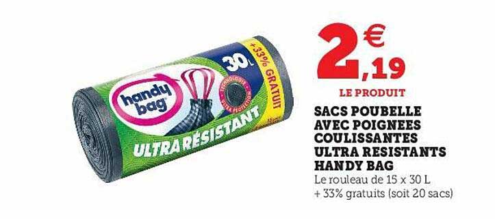 sacs poubelle avec poignées coulissantes ultra résistants handy bag
