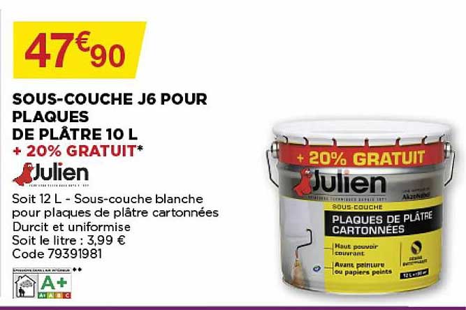 sous-couche j6 pour plaques de plâtre 10 l + 20% gratuit julien