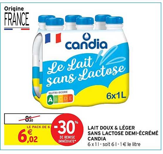 lait doux & léger sans lactose demi-écrémé candia