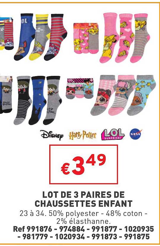 lot de 3 paires de chaussettes enfant disney, harry potter, lol surprise
