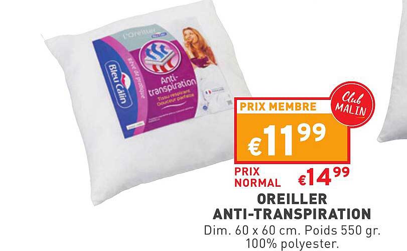 oreiller anti-transpiration bleu câlin