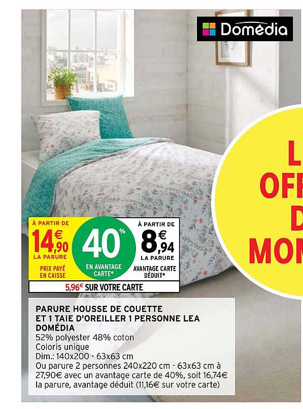 parure housse de couette et 1 taie d'oreiller 1 personne léa domédia