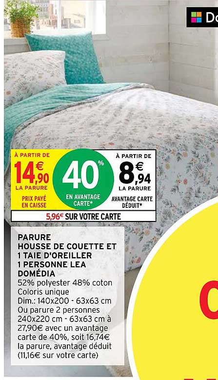 parure housse de couette et 1 taie d'oreiller 1 personne léa domédia