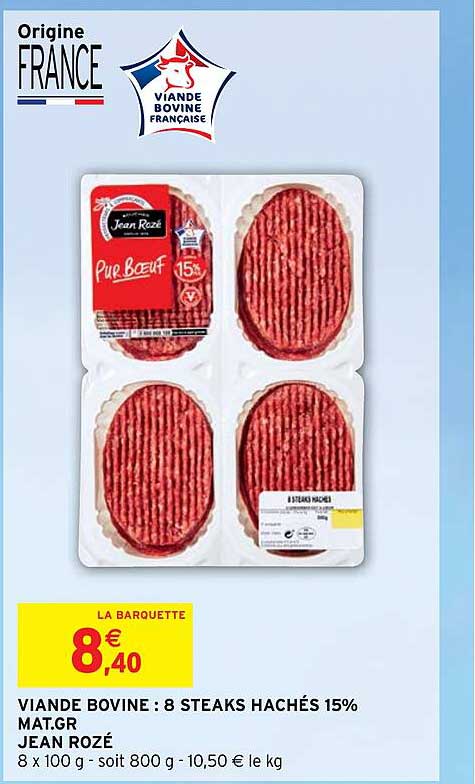 viande bovine : 8 steaks hachés 15% mat. gr. jean rozé