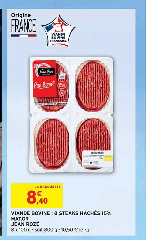 viande bovine : 8 steaks hachés 15% mat.gr. jean rozé