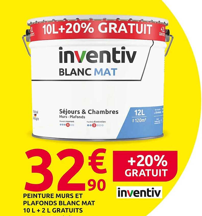 Peinture Murs Et Plafonds Blanc Mat 10 L + 2 L Gratuits Inventiv