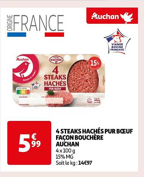 4 steaks hachés pur bœuf façon bouchère auchan