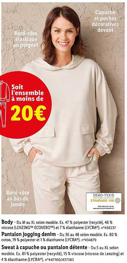 body, pantalon jogging denim, sweat à capuche ou pantalon détente