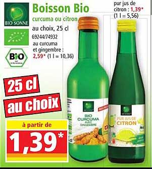 boisson bio curcuma ou citron bio sonne