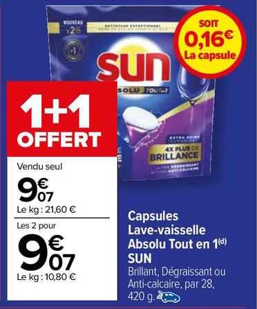 capsules lave-vaisselle absolu tout en 1 sun