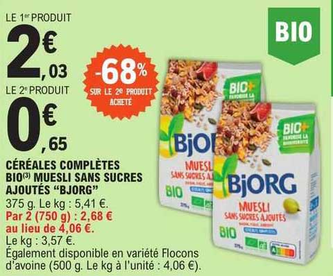 céréales complètes bio muesli sans sucres ajoutés "bjorg"