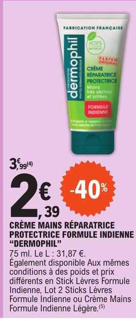 crème mains réparatrice protectrice formule indienne "dermophil"