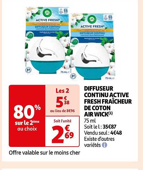 diffuseur continu active fresh fraîcheur de coton air wick