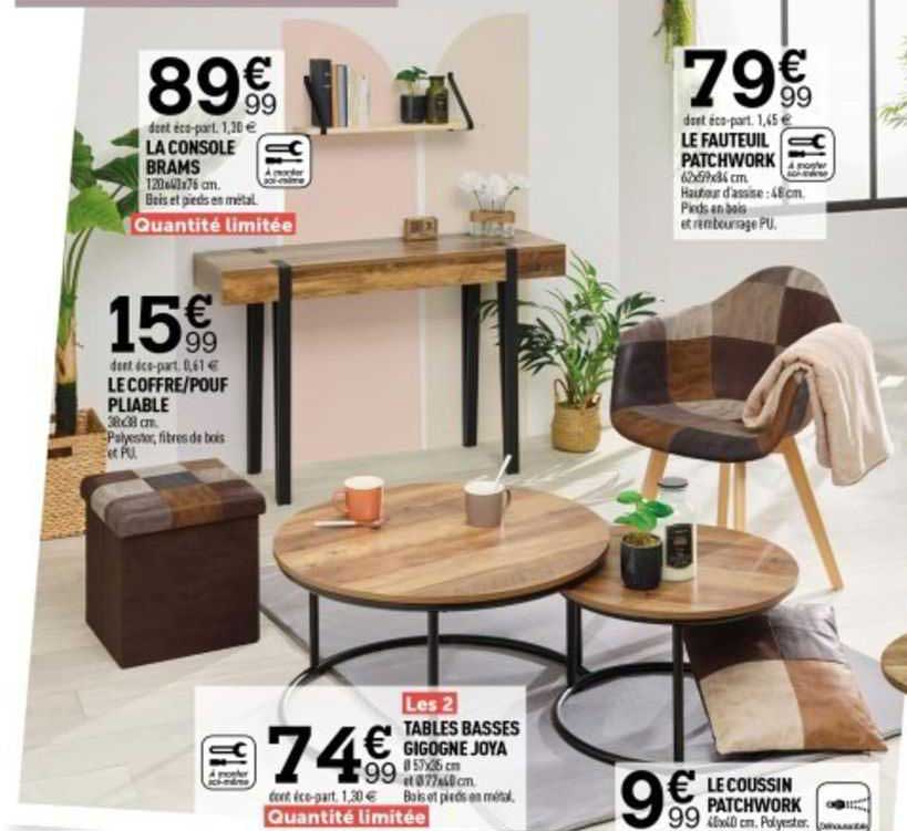 la console brams, le coffre/pouf pliable, les 2 tables basses gigogne joya, le coussin patchwork, le fauteuil patchwork