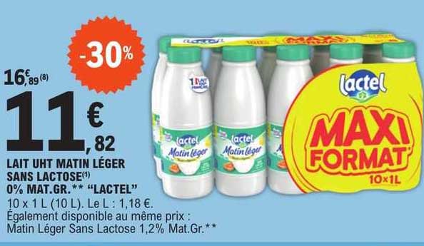 lait uht matin léger sans lactose 0% mat.gr. "lactel"
