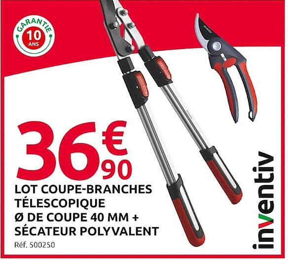 lot coupe-branches télescopique ø de coupe 40 mm + sécateur polyvalent inventiv